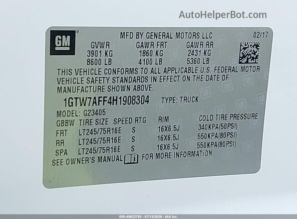 1GTW7AFF4H1908304 2017 GMC SAVANA 2500 White Вид підкапотного простору
