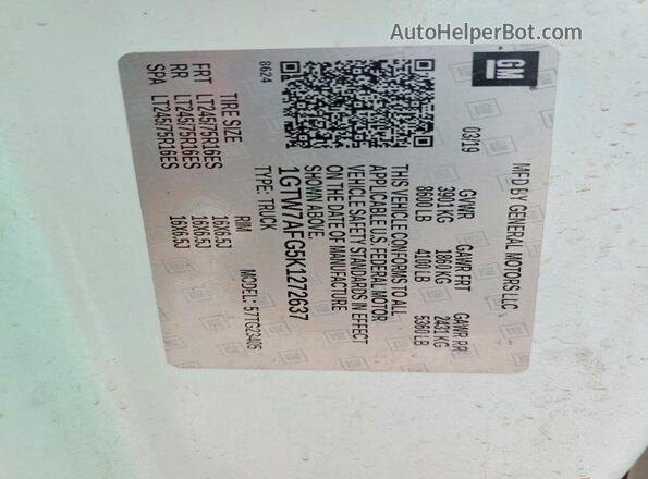 1GTW7AFG5K1272637 2019 GMC SAVANA White VIN կոդի պիտակի տեսք
