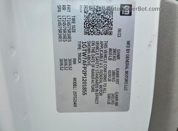 1GTW7AFP2P1201855 2023 GMC SAVANA White VIN კოდის სტიკერის ხედი