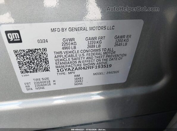 1GYAZAR42RF193519 2024 CADILLAC XT4 Серебряный Вид подкапотного пространства