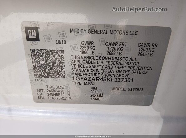 1GYAZAR45KF117301 2019 CADILLAC XT4 White ძრავის განყოფილების ხედი