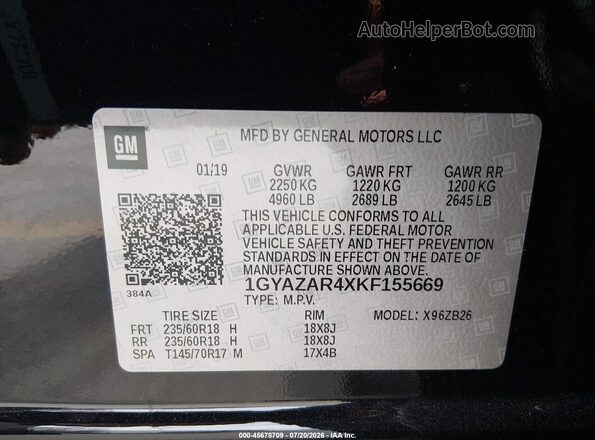 1GYAZAR4XKF155669 2019 CADILLAC XT4 Black ძრავის განყოფილების ხედი