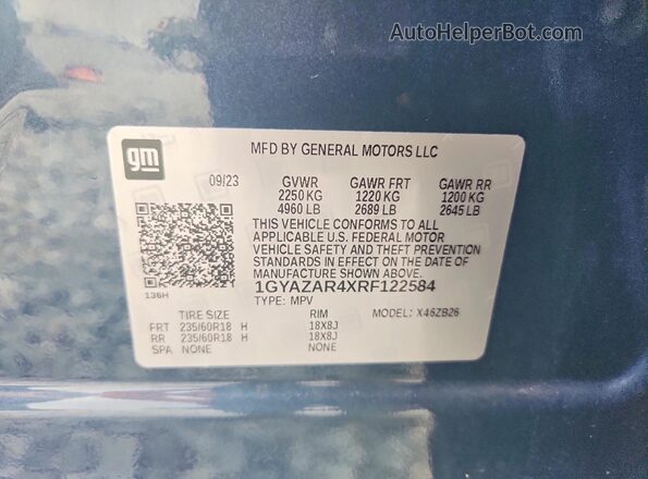 1GYAZAR4XRF122584 2024 CADILLAC XT4 Синий Вид наклейки с VIN-кодом