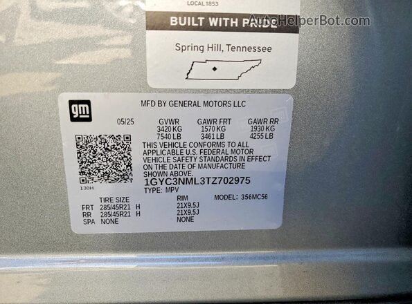 1GYC3NML3TZ702975 2026 CADILLAC VISTIQ Silver VIN კოდის სტიკერის ხედი