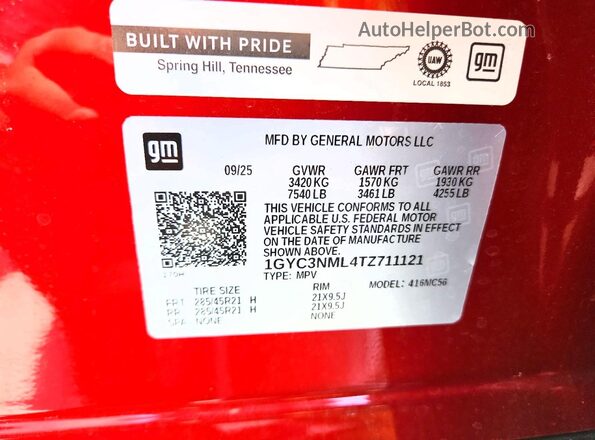 1GYC3NML4TZ711121 2026 CADILLAC VISTIQ Red Вид наклейки з VIN-кодом