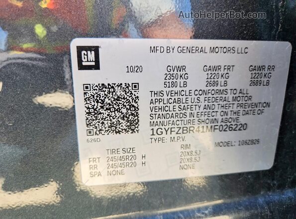 1GYFZBR41MF026220 2021 CADILLAC XT4 Синий Вид наклейки с VIN-кодом