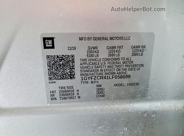 1GYFZCR41LF058699 2020 CADILLAC XT4 Серебряный Вид наклейки с VIN-кодом