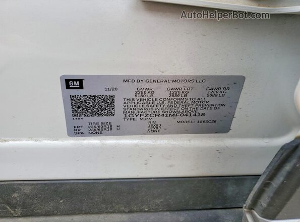 1GYFZCR41MF041418 2021 CADILLAC XT4 White VIN კოდის სტიკერის ხედი