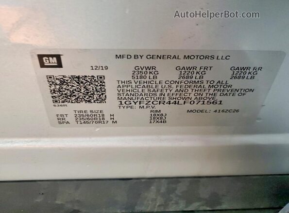 1GYFZCR44LF071561 2020 CADILLAC XT4 Серебряный Вид наклейки с VIN-кодом