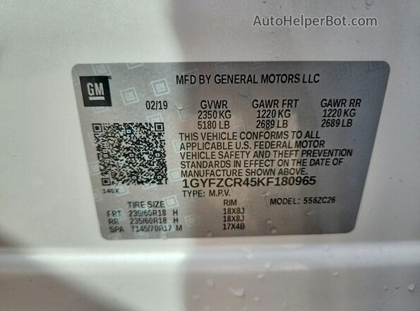 1GYFZCR45KF180965 2019 CADILLAC XT4 Белый Вид наклейки с VIN-кодом