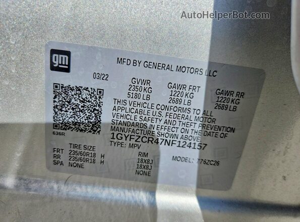 1GYFZCR47NF124157 2022 CADILLAC XT4 Серебряный Вид наклейки с VIN-кодом