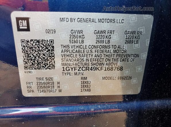 1GYFZCR49KF168768 2019 CADILLAC XT4 Blue VIN sticker view