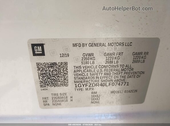 1GYFZDR40LF074771 2020 CADILLAC XT4 White Շարժիչի բաժամունքի տեսք