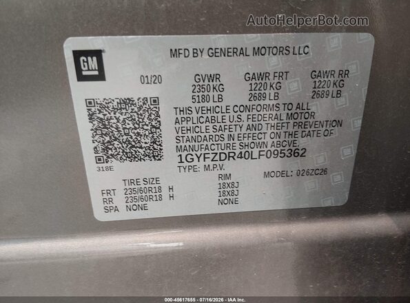 1GYFZDR40LF095362 2020 CADILLAC XT4 Золотой Вид подкапотного пространства