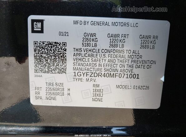 1GYFZDR40MF071001 2021 CADILLAC XT4 Black Շարժիչի բաժամունքի տեսք
