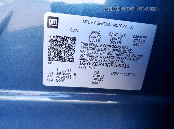 1GYFZDR40RF159716 2024 CADILLAC XT4 Синий Вид наклейки с VIN-кодом