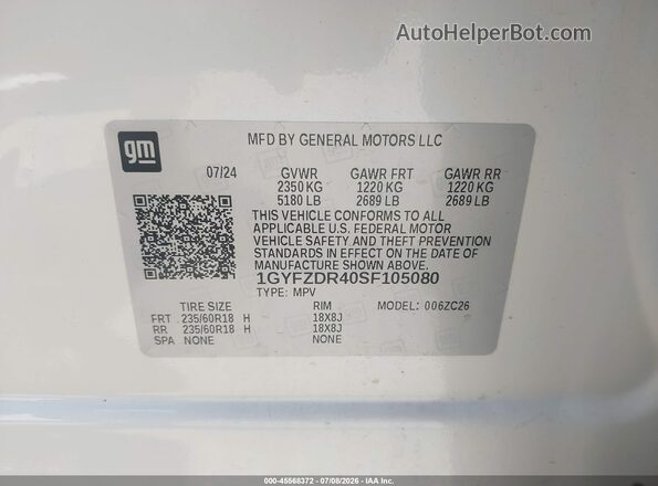 1GYFZDR40SF105080 2025 CADILLAC XT4 White Widok komory silnika