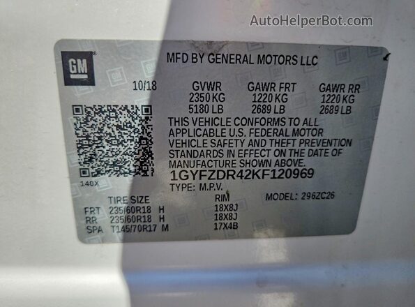 1GYFZDR42KF120969 2019 CADILLAC XT4 White Widok naklejki z numerem VIN