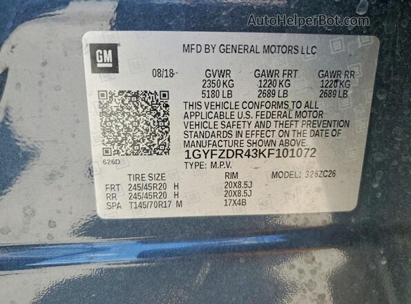 1GYFZDR43KF101072 2019 CADILLAC XT4 Серый Вид наклейки с VIN-кодом