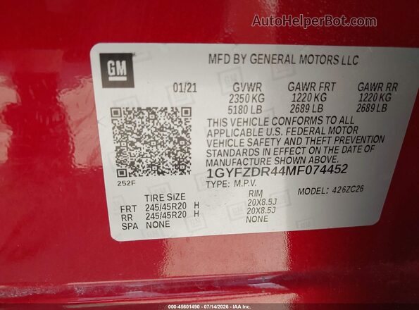 1GYFZDR44MF074452 2021 CADILLAC XT4 Red Вид підкапотного простору