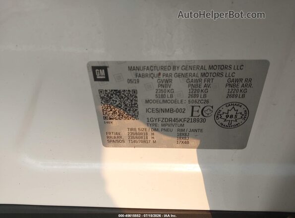 1GYFZDR45KF218930 2019 CADILLAC XT4 White Widok komory silnika