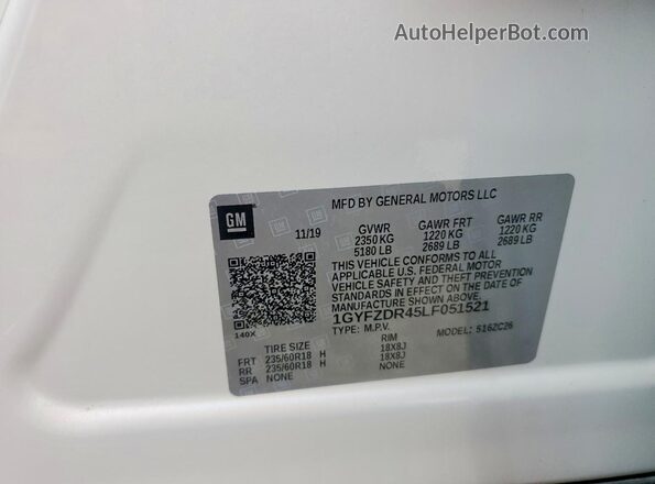 1GYFZDR45LF051521 2020 CADILLAC XT4 White Widok naklejki z numerem VIN