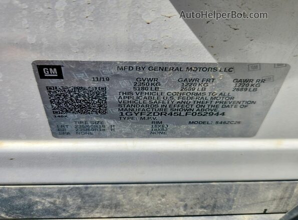 1GYFZDR45LF052944 2020 CADILLAC XT4 Белый Вид наклейки с VIN-кодом