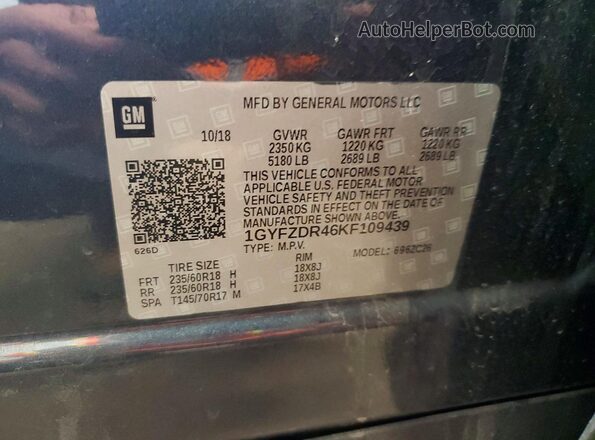 1GYFZDR46KF109439 2019 CADILLAC XT4 Blue Widok naklejki z numerem VIN