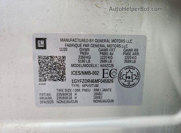 1GYFZDR46MF045826 2021 CADILLAC XT4 Серебряный Вид наклейки с VIN-кодом