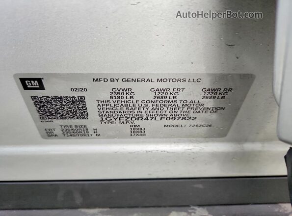 1GYFZDR47LF097822 2020 CADILLAC XT4 Silver Vista de la etiqueta del VIN
