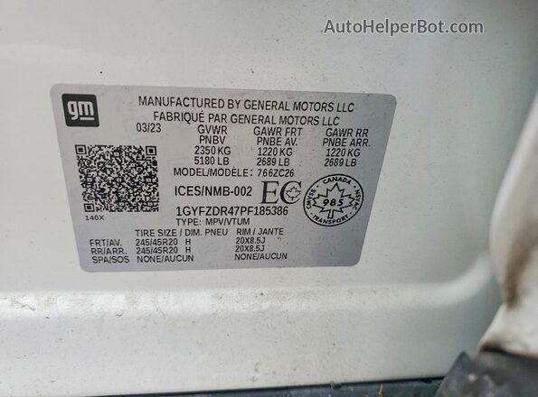 1GYFZDR47PF185386 2023 CADILLAC XT4 White Вид наклейки з VIN-кодом