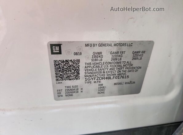 1GYFZDR49LF017615 2020 CADILLAC XT4 White VIN კოდის სტიკერის ხედი