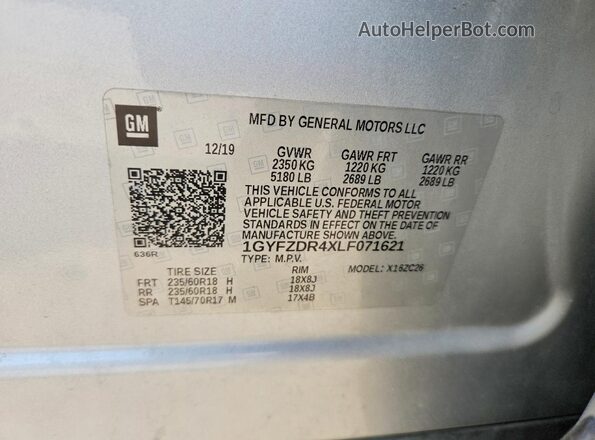 1GYFZDR4XLF071621 2020 CADILLAC XT4 Серебряный Вид наклейки с VIN-кодом