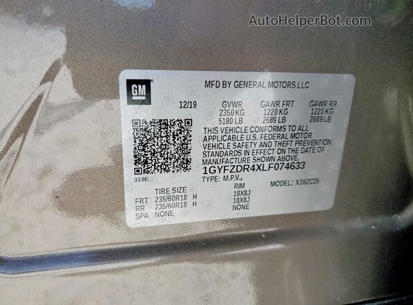 1GYFZDR4XLF074633 2020 CADILLAC XT4 Gray Вид наклейки з VIN-кодом