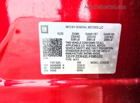 1GYFZER42LF085101 2020 CADILLAC XT4 Red Vista de la etiqueta del VIN