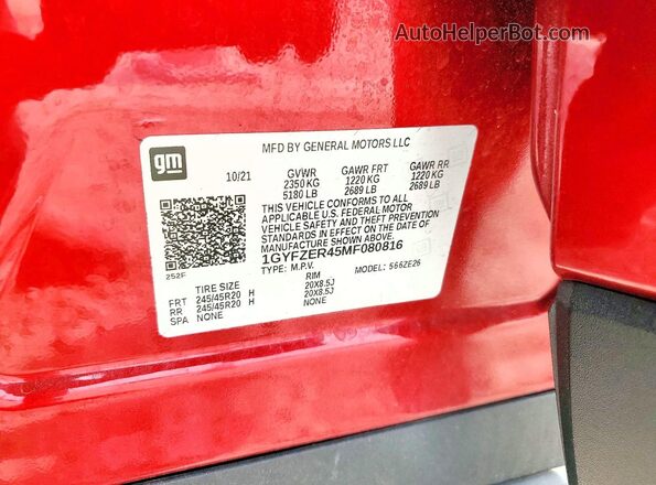 1GYFZER45MF080816 2021 CADILLAC XT4 Red Панорамний вид салону 360°