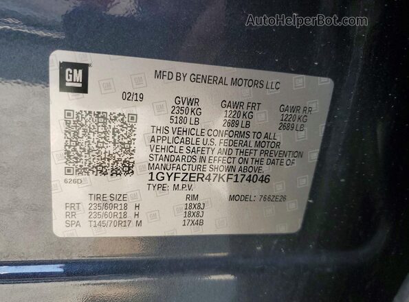 1GYFZER47KF174046 2019 CADILLAC XT4 Серый Вид наклейки с VIN-кодом