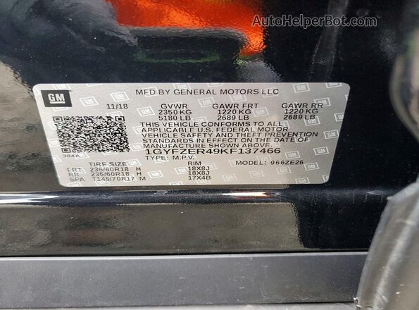 1GYFZER49KF137466 2019 CADILLAC XT4 Черный Вид наклейки с VIN-кодом