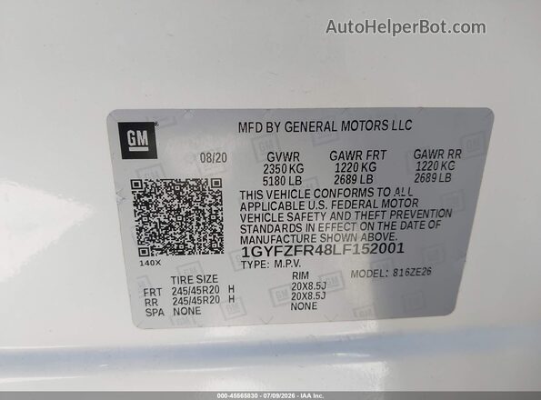 1GYFZFR48LF152001 2020 CADILLAC XT4 White Widok komory silnika