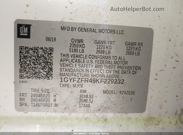 1GYFZFR49KF229232 2019 CADILLAC XT4 White Vista del compartimento del motor