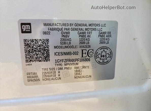 1GYFZFR4XPF106806 2023 CADILLAC XT4 White VIN sticker view