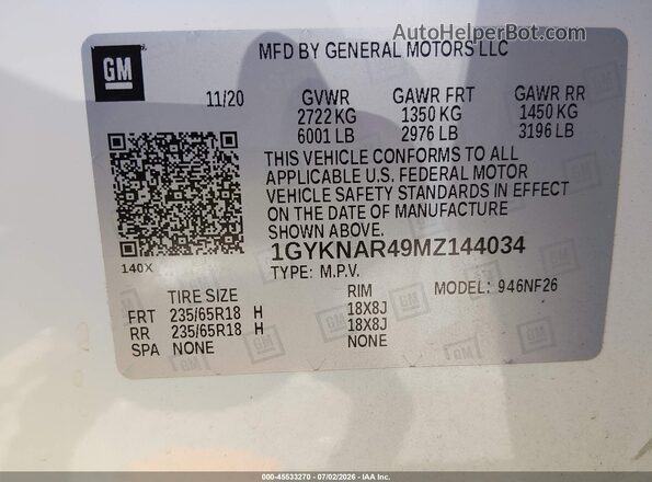 1GYKNAR49MZ144034 2021 CADILLAC XT5 White Widok komory silnika