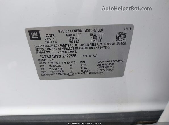1GYKNARS0HZ129586 2017 CADILLAC XT5 White Engine compartment view