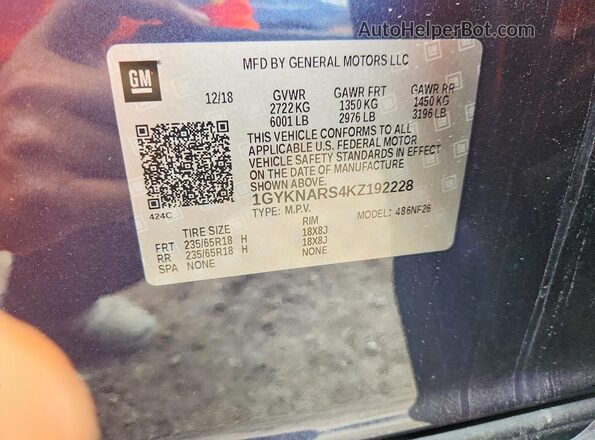1GYKNARS4KZ192228 2019 CADILLAC XT5 Blue VIN კოდის სტიკერის ხედი