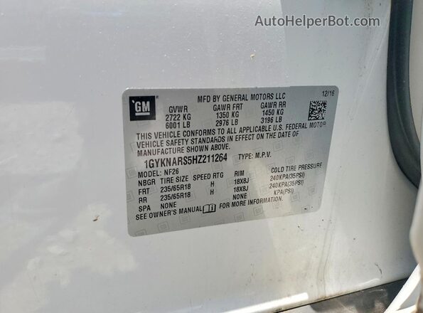 1GYKNARS5HZ211264 2017 CADILLAC XT5 White Вид наклейки з VIN-кодом