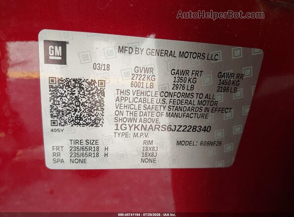 1GYKNARS6JZ228340 2018 CADILLAC XT5 Red Widok komory silnika