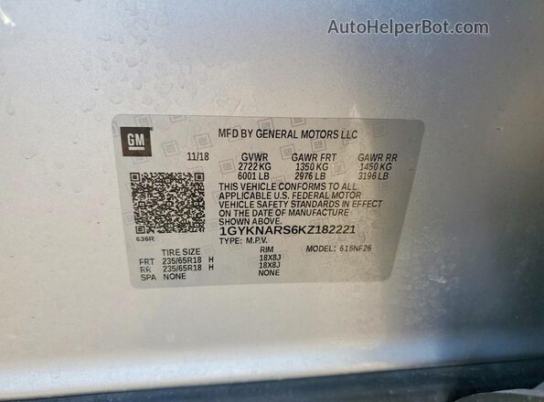 1GYKNARS6KZ182221 2019 CADILLAC XT5 Silver VIN კოდის სტიკერის ხედი