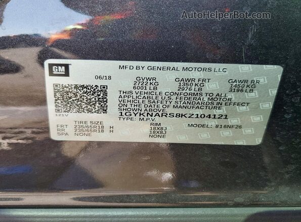 1GYKNARS8KZ104121 2019 CADILLAC XT5 Серый Вид наклейки с VIN-кодом