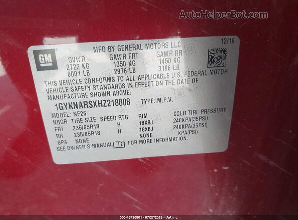 1GYKNARSXHZ218808 2017 CADILLAC XT5 Red Engine compartment view