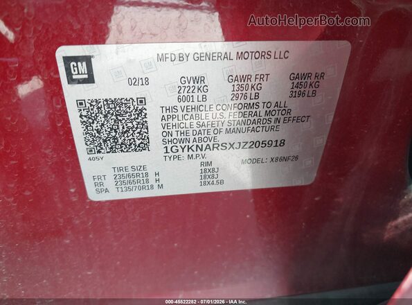 1GYKNARSXJZ205918 2018 CADILLAC XT5 Red Շարժիչի բաժամունքի տեսք